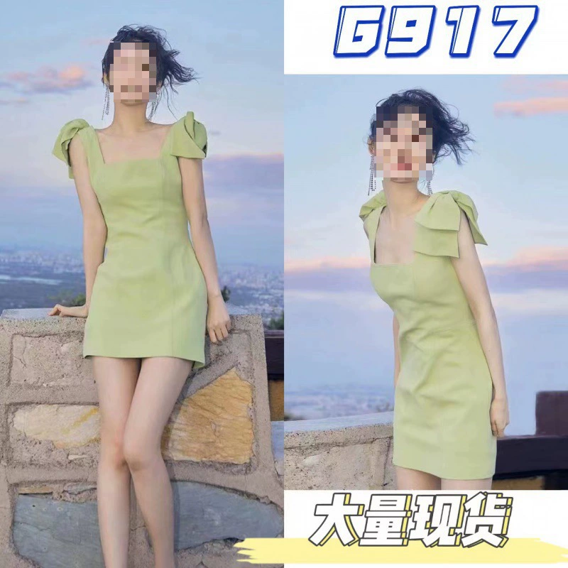 Qi Yandi Star светло-зеленое платье с бантом на плечевом ремне и квадратным воротником Женская юбка без рукавов на бретелях