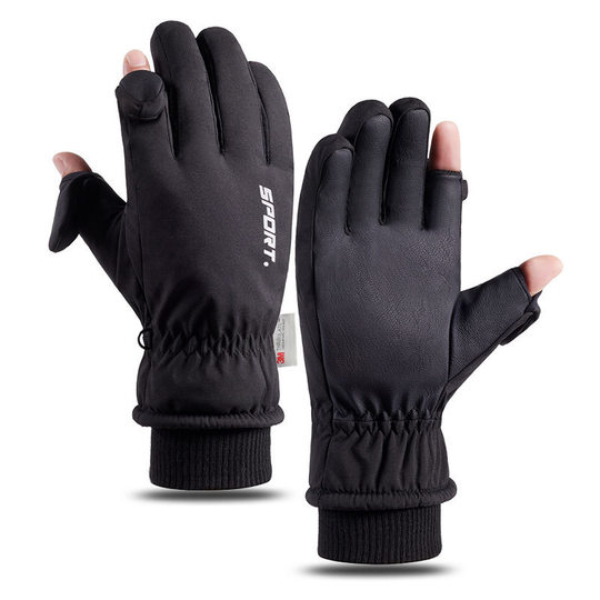 Winter ski gloves men's windproof waterproof touch screen warm gloves fleece-lined thickened cold-proof two-finger riding gloves