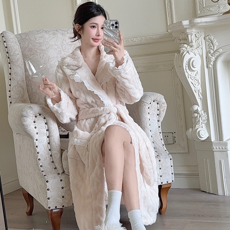 Cross-Border Palace Style Lace Nightgown Autumn and Winter Long Pure Lust Pajamas Women's Thickened Twist Plush Bathrobe