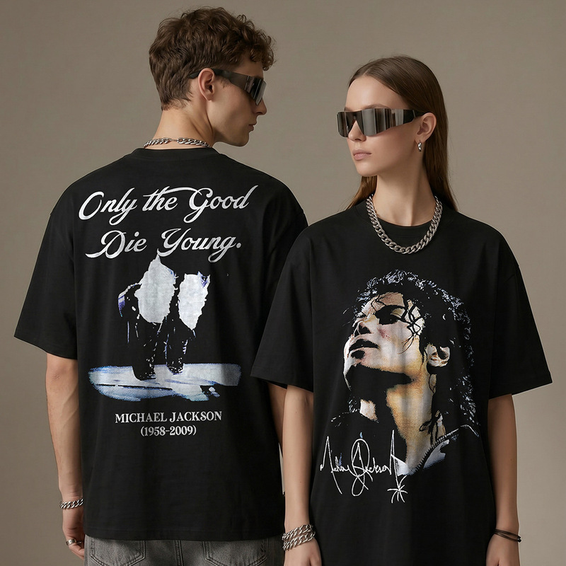 A Must-Have for Cross-Border Fashionistas: Jackson Printed Short-Sleeve T-Shirt with Heavy Wash and Vintage Look, Round Neck, Small Neckline, for Men