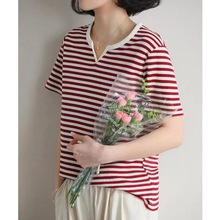 夏季新款 螺纹棉条纹短袖女圆领休闲宽松显瘦韩版打底衫T恤1032