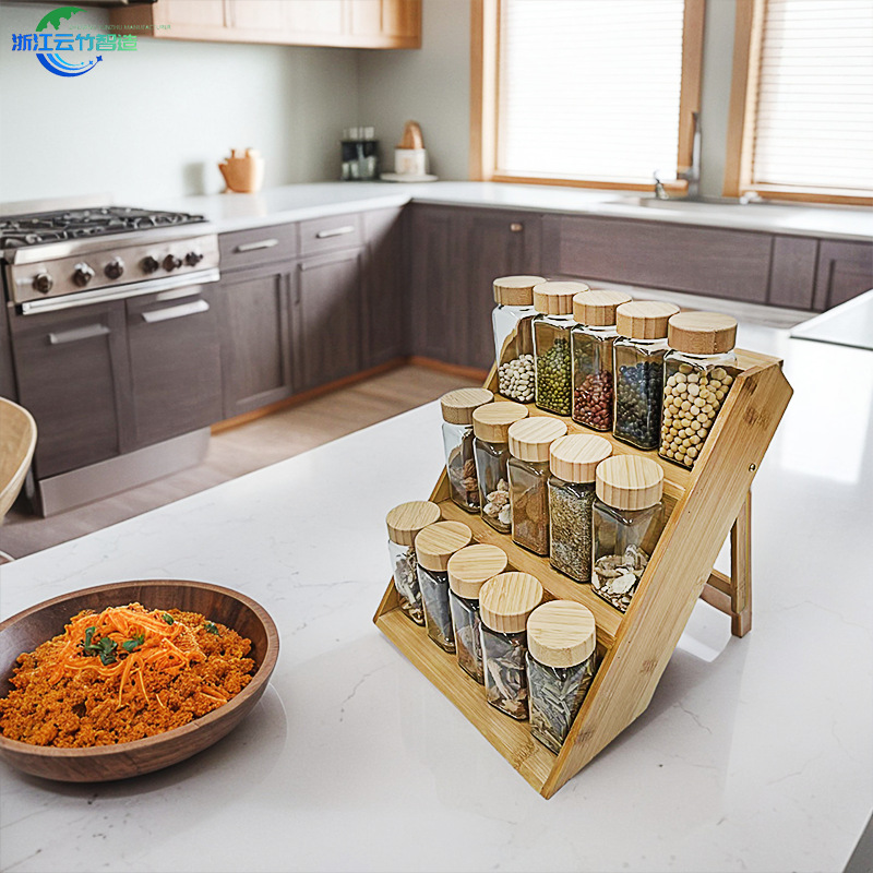 Rack de condimento de bambú y madera, estante de almacenamiento de cocina de tres pisos, estante de exhibición de condimentos personalizados, estante de exhibición transfronterizo