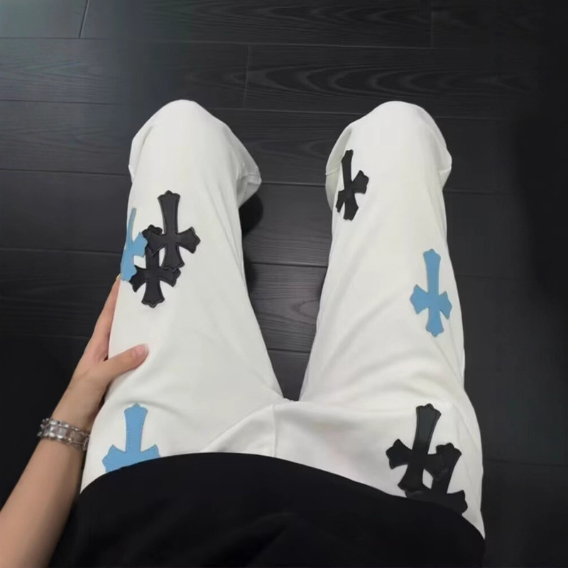 American Straight-Leg Jeans for Men and Women 2025 Spring and Autumn Leather Label Embroidered Cross Street-Style Floor-Length Wide-Leg Pants for Men