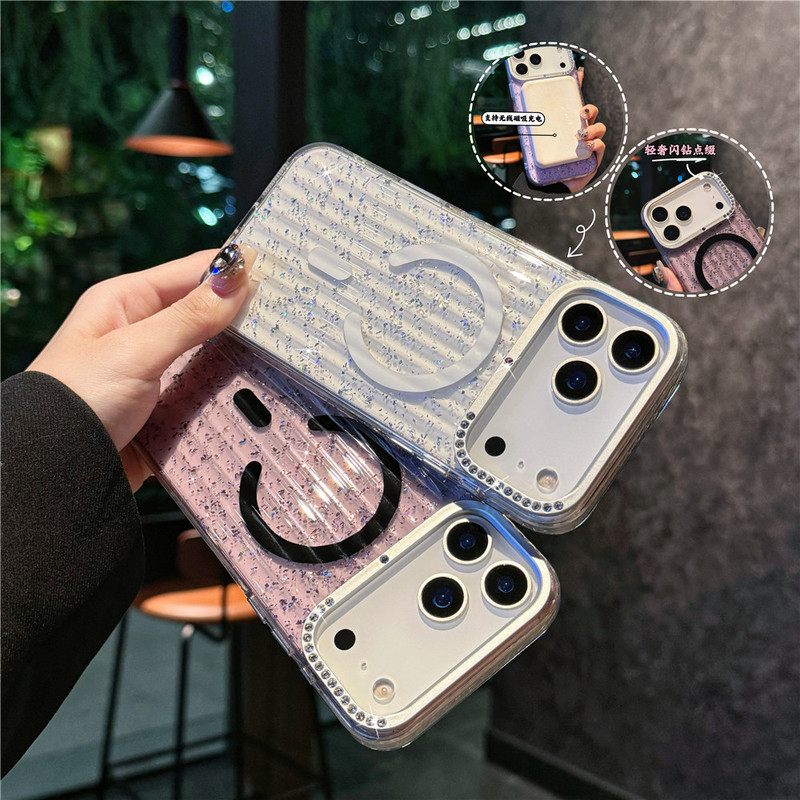 适用iphone17手机壳瓦楞磁吸壳苹果17promax镶钻闪粉17pro透明壳|undefined