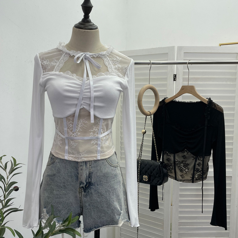 Real shot lace-up neck lace hollow pleated knit base shirt waist fishbone line short top 8808