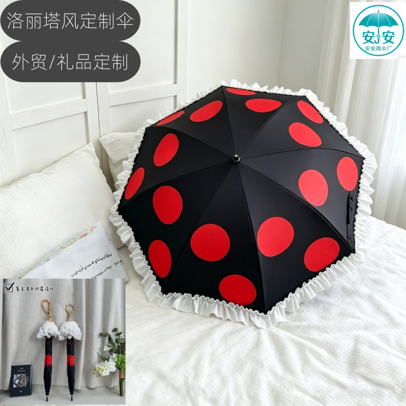 New Style Red Polka Dot Lace Umbrella, Japanese Retro Straight Umbrella, Fresh Black Rubber Sunshade Umbrella, Dual-Use Umbrella for Both Sunny and Rainy Weather New Style Red Polka Dot Lace Umbrella, Japanese Retro Straight Umbrella, Fresh Black Rubber Sunshade Umbrella, Dual-Use Umbrella for Both Sunny and Rainy Weather