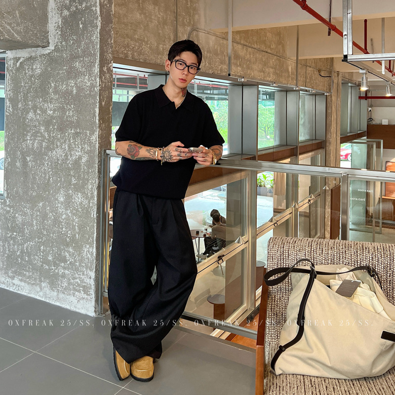 OXFREAK「老钱风 天丝亚麻」海鸥领褶皱针织polo衫男短袖翻领t恤|undefined