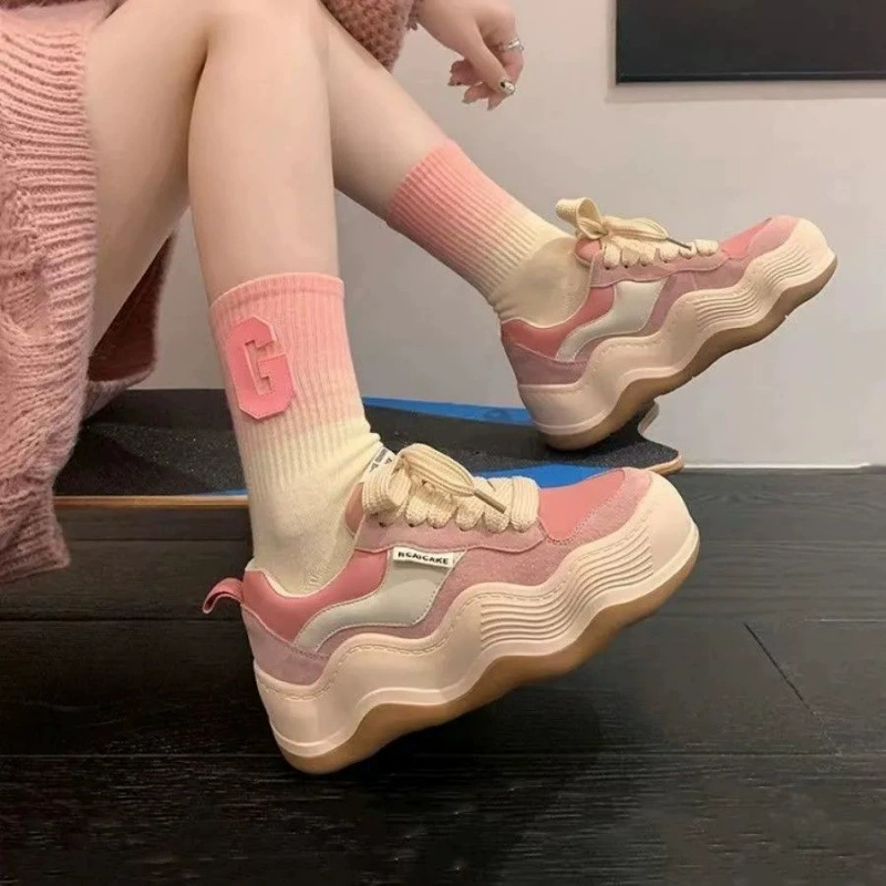 (Wholesale), fashionable casual breathable sneakers all-season platform with shoelaces for students, internet celebrity, Korean style, low heel