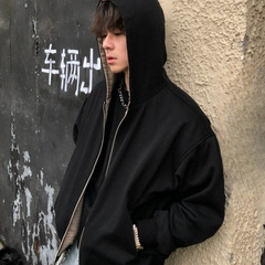 重磅美式复古双面穿千鸟格拉链连帽卫衣外套男短宽松休闲夹克上衣