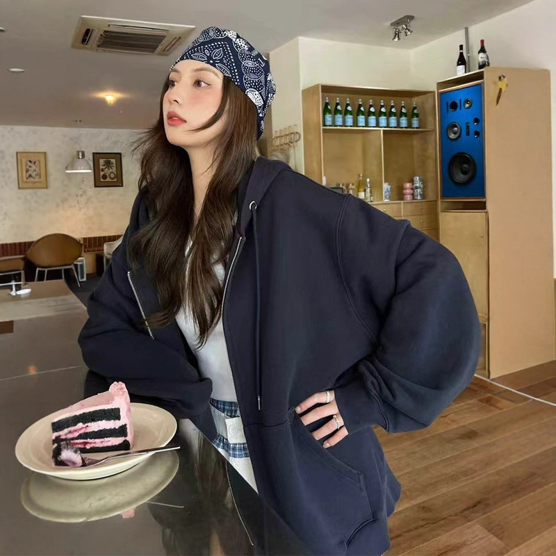 Cotton Sweatshirt Jacket for Women, Spring New Style, Korean Style, Lazy Style, American Chic, Loose Hooded Zipper Cardigan Top