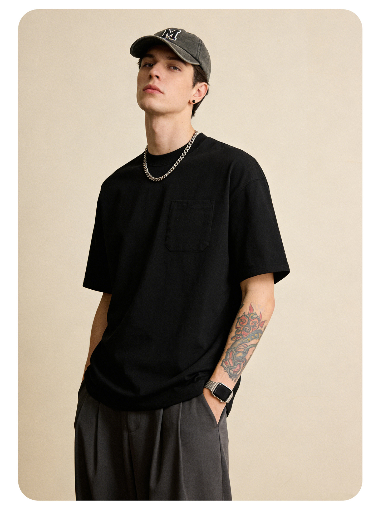 Heavyweight Cotton T-shirt For Men Solid Colour Small Neckline_voghion.com