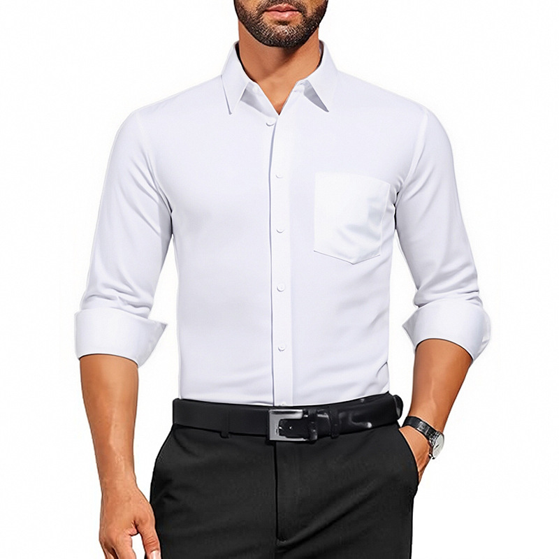 Camisa blanca de manga larga para hombre de primavera delgada de Amazon, transpirable elástico y antiarrugas, top profesional de negocios de color sólido para hombre