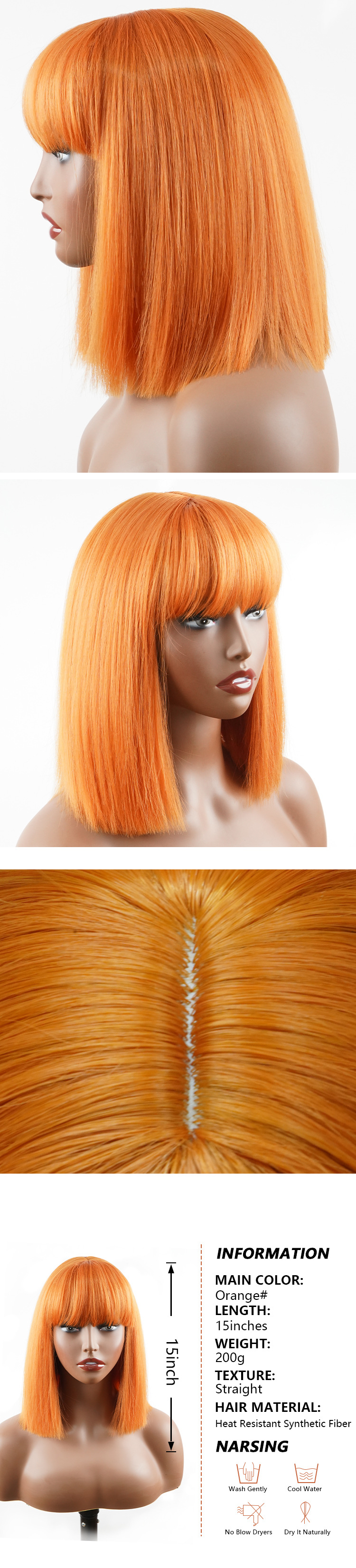 Synthetic wig full head set with orange straight bangs mechanism_voghion.com