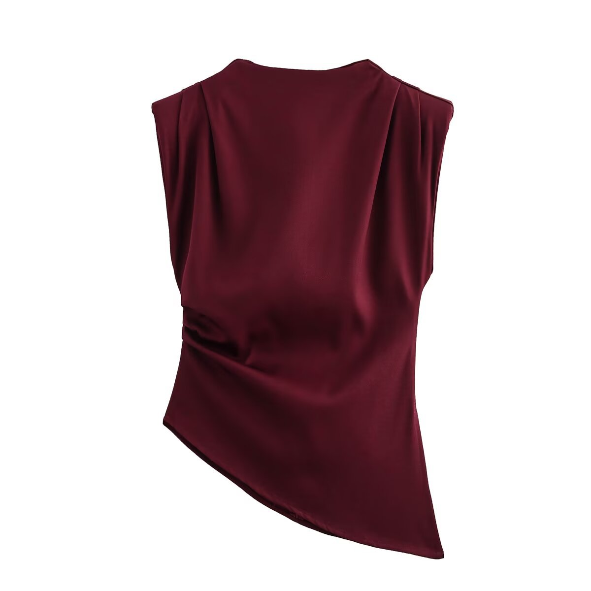 Regular Top Length Wholesale Women's Casual Solid Color Wine Red Sleeveless Pleated T-Shirts