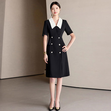 夏季时尚新款设计感短袖黑色职业女士连衣裙中长款珠宝店工作服OL
