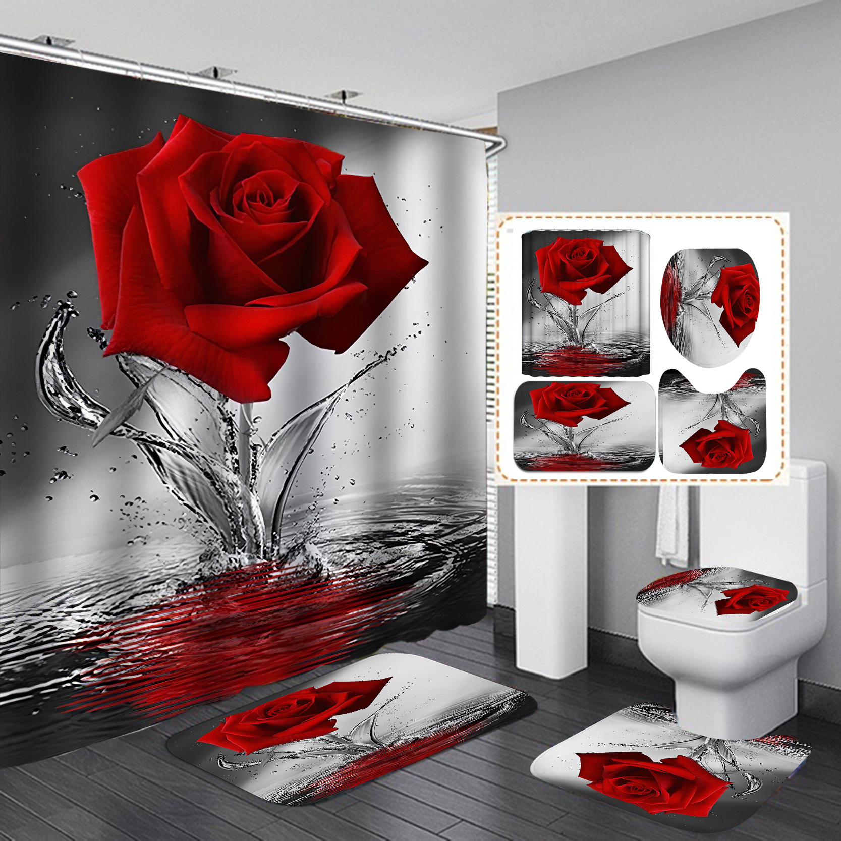 Cortina de ducha y cortina de ventana de poliéster con estampado digital 3D de rosas para el Día de San Valentín, la más vendida en Amazon para ventas transfronterizas.