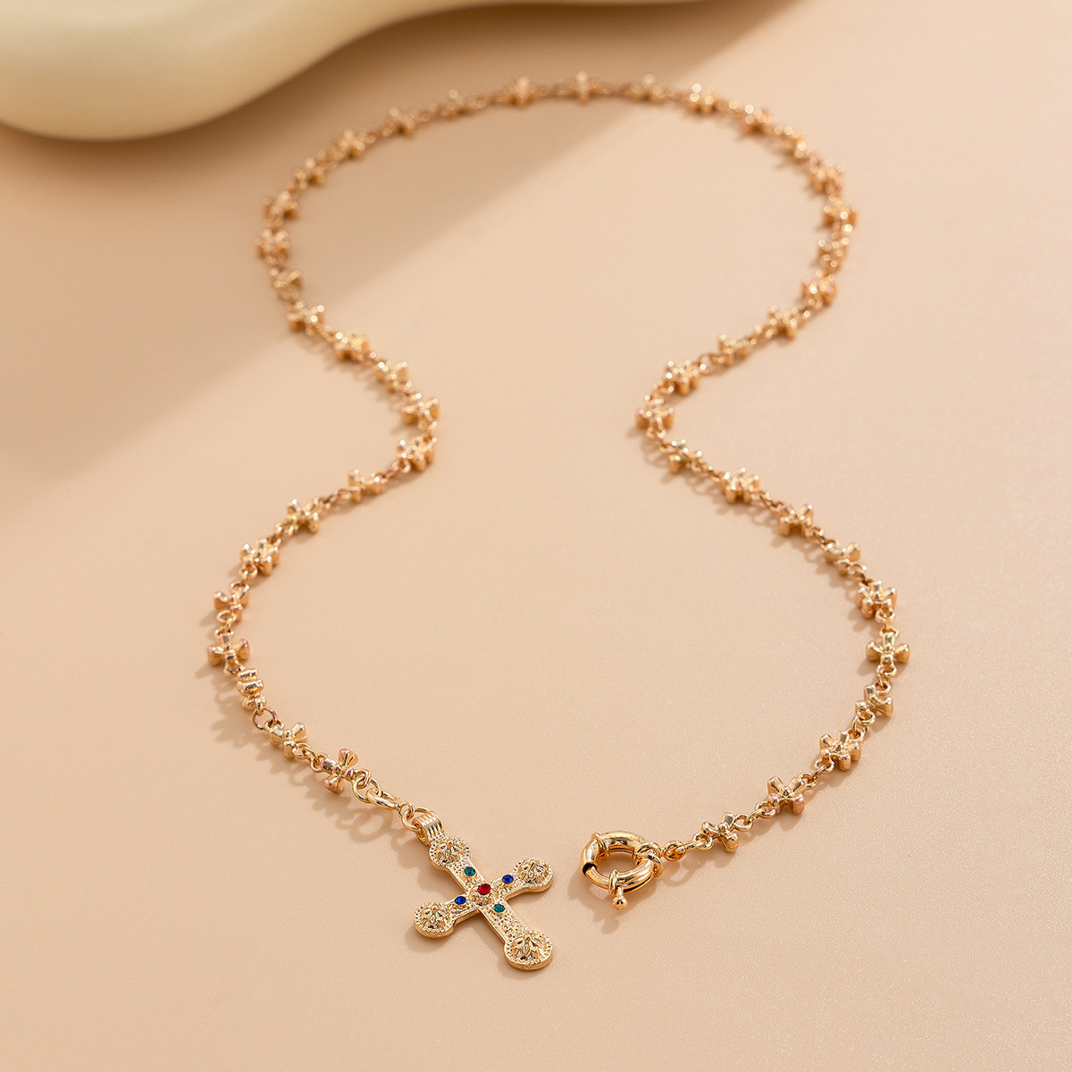 IG Style Cross Rhinestones Pearl Alloy Beaded Chain Cuban Link Chain Curb Chain Layered Necklaces Wholesale display picture 9