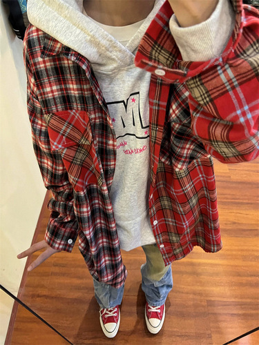 2025 Spring American Loose Retro Patchwork Plaid Long-Sleeve Casual Jacket for Women