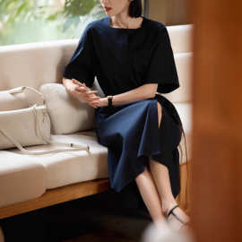 法式2025年夏季新款平纹仿莱赛尔宽松收腰中长款连衣裙女夏附腰带