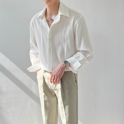 Light Mature-Style Korean-Design Loose-Fit Long-Sleeve Shirt for Men—Early Autumn Trendy, Instagram-Worthy, Cool & Casual, Wrinkle-Free Solid-Color Top