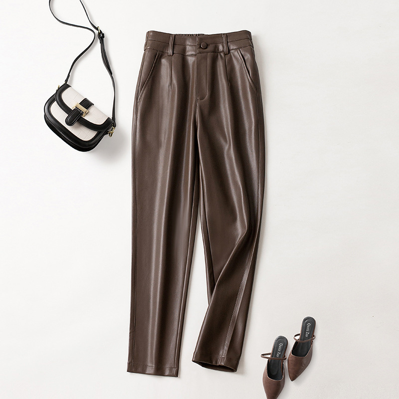 Genuine Leather Pants for Women Petite 2025 Autumn and Winter New High-Waisted Casual Harem Pants Sheepskin Slim Pants Carrot Pants