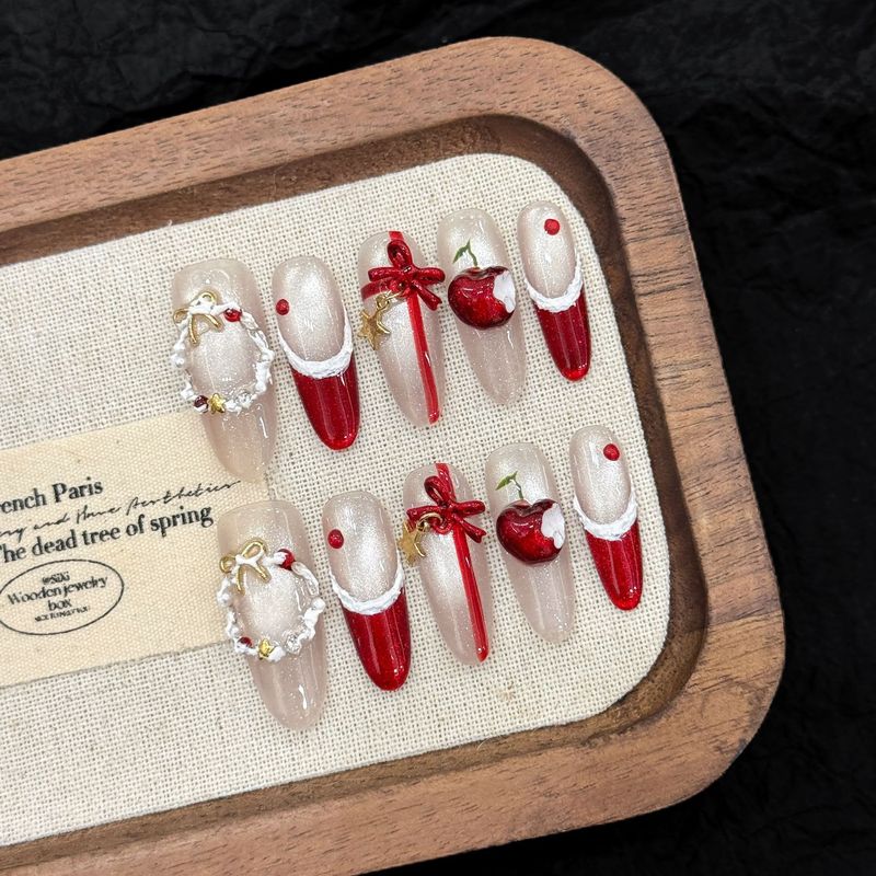 Yihe Wearable Nails [Gift] Christmas Wreath Ancora Red Cat Eye Bow French Manicure Wearable Nails