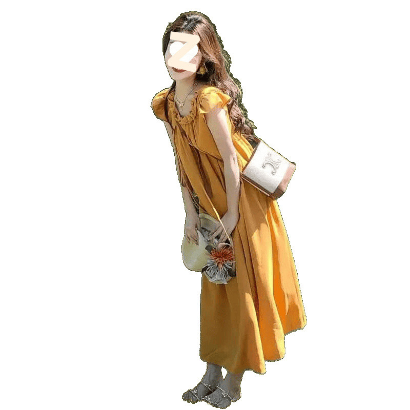 女性のための黄色のフライングスリーブドレス 2025 夏の新しいスタイルフレンチビーチ休暇ルーズ痩身ミディスカート|undefined