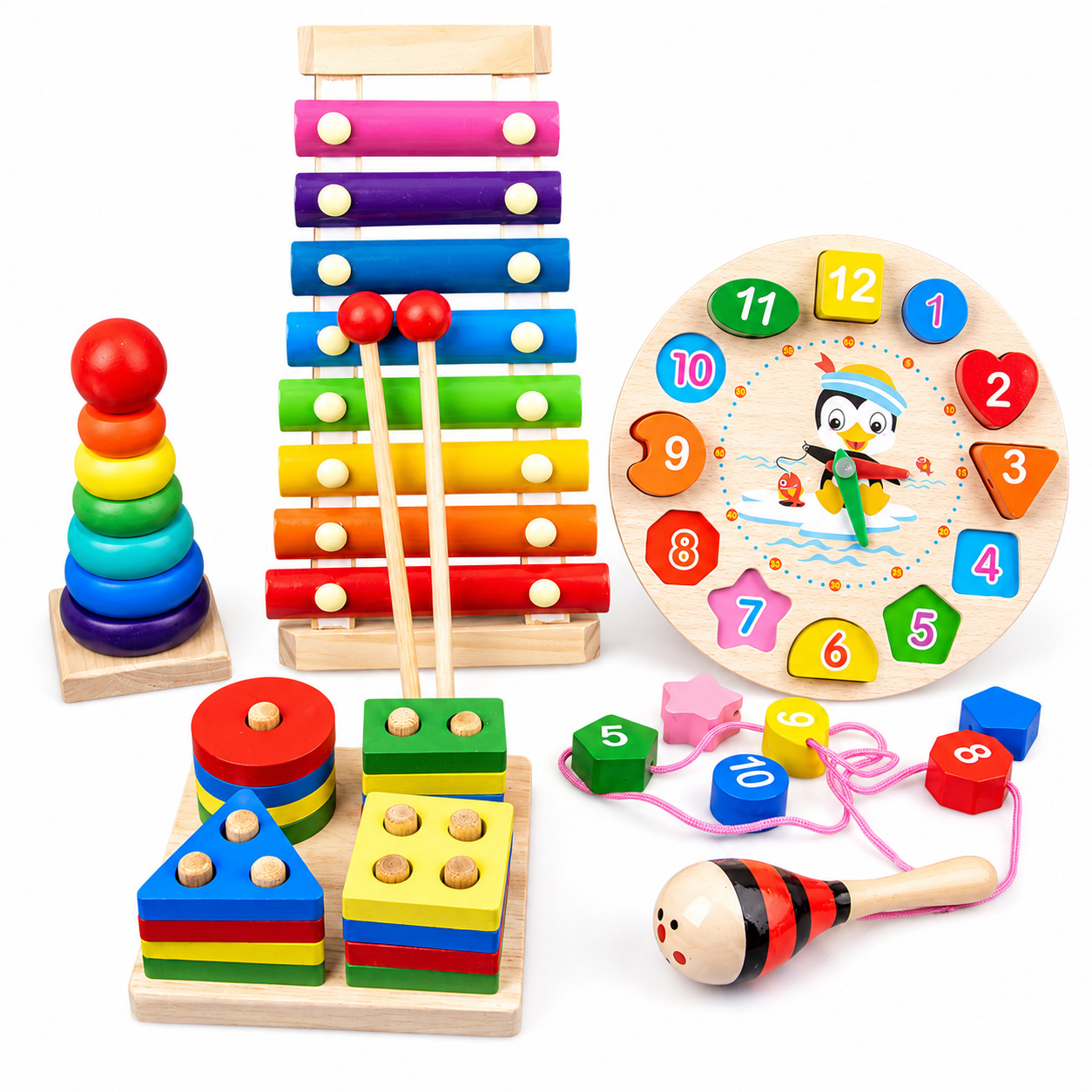 Juguetes educativos de madera para la primera infancia, laberinto de cuentas para bebés, instrumento musical de ocho tonos, reloj despertador, juego de percusión, juguetes de madera image 24