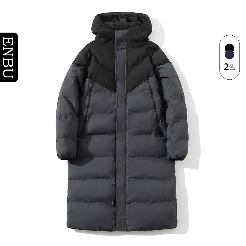Enbu men's winter cotton coat, long, over-the-knee, thick, solid color, hooded, trendy Korean style, loose fit, unisex jacket Enbu men's winter cotton coat, long, over-the-knee, thick, solid color, hooded, trendy Korean style, loose fit, unisex jacket