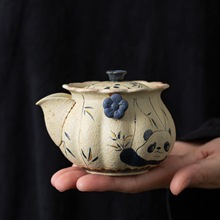 熊猫戏竹青花火石红手抓壶一壶两杯功夫茶具套装复古泡茶壶礼盒装