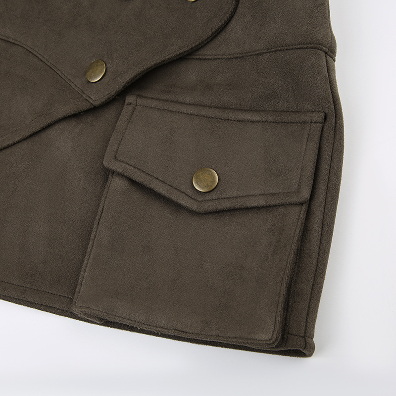 Wilderness Western Style Suede Rivet One Piece Miniskirt Ethnic Niche Pocket Splicing Low Waist Hip Skirt_ecoleips.com