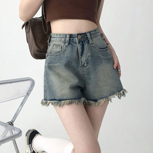 Vintage Raw Hem Denim Short Women's Instagram Hot Girl Summer A-line Hot Pants American Tassel Design High-Waisted Wide Leg Shorts