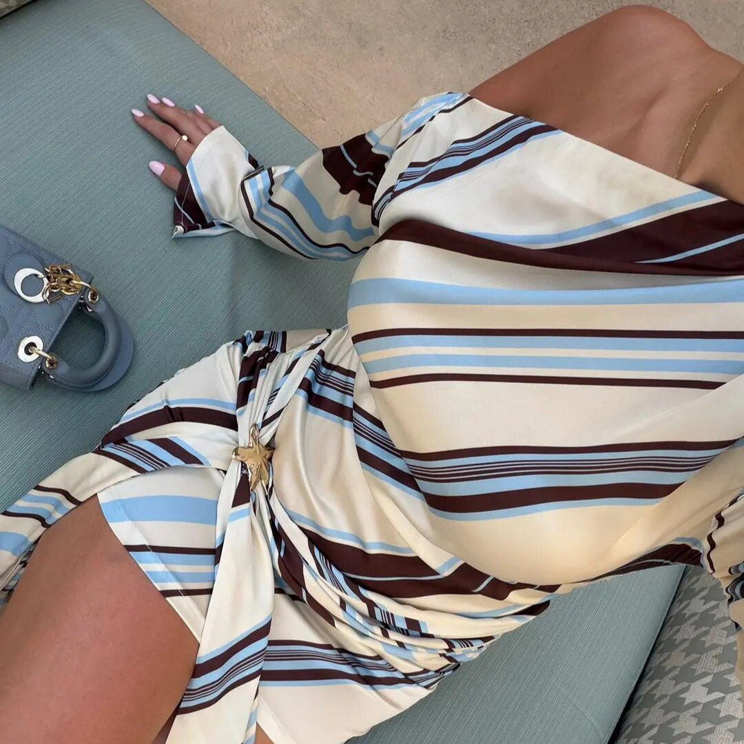 High Quality Satin Striped Ribbon Dress American Style Printed Sexy Off Shoulder Bodycon Skirt For Women_ecoleips.com