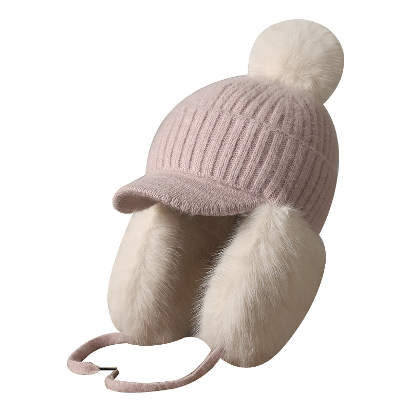Mũ len beanie nữ lông thỏ giữ ấm mùa thu đông kiểu Hàn Quốc, mũ lưỡi vịt nhỏ có quả cầu lông — màu be