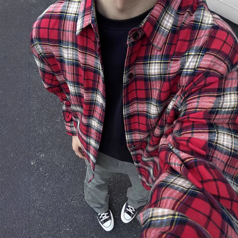 Red Plaid Shirt for Men and Women, Spring and Autumn American Retro Style, Long-Sleeve, High-End, Cool and Stylish Shirt Jacket for Men