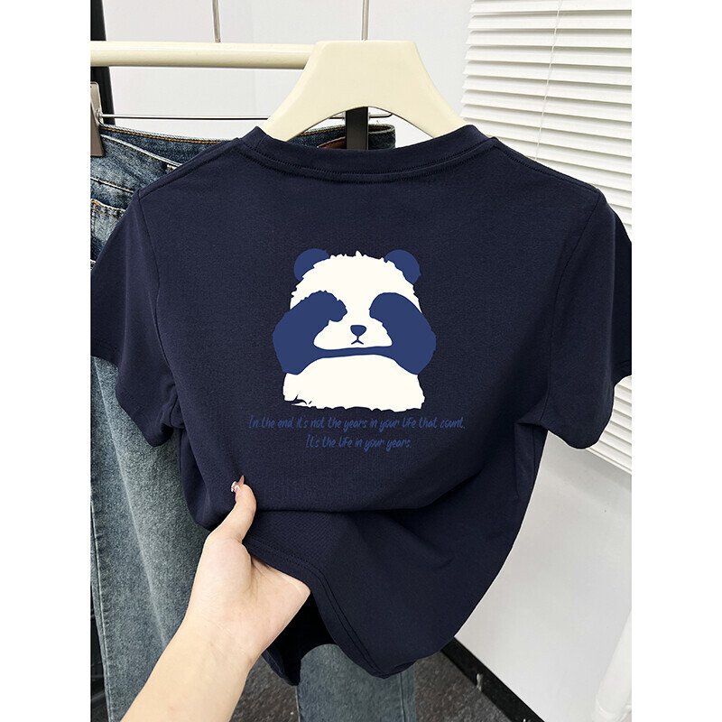 Navy Blue Short-Sleeved T-Shirt for Women Summer New Cartoon Red Panda Print Slim Round Neck Top for Small People