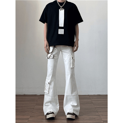 White-vibe strap-workwear denim jeans for men—American-style high-street 