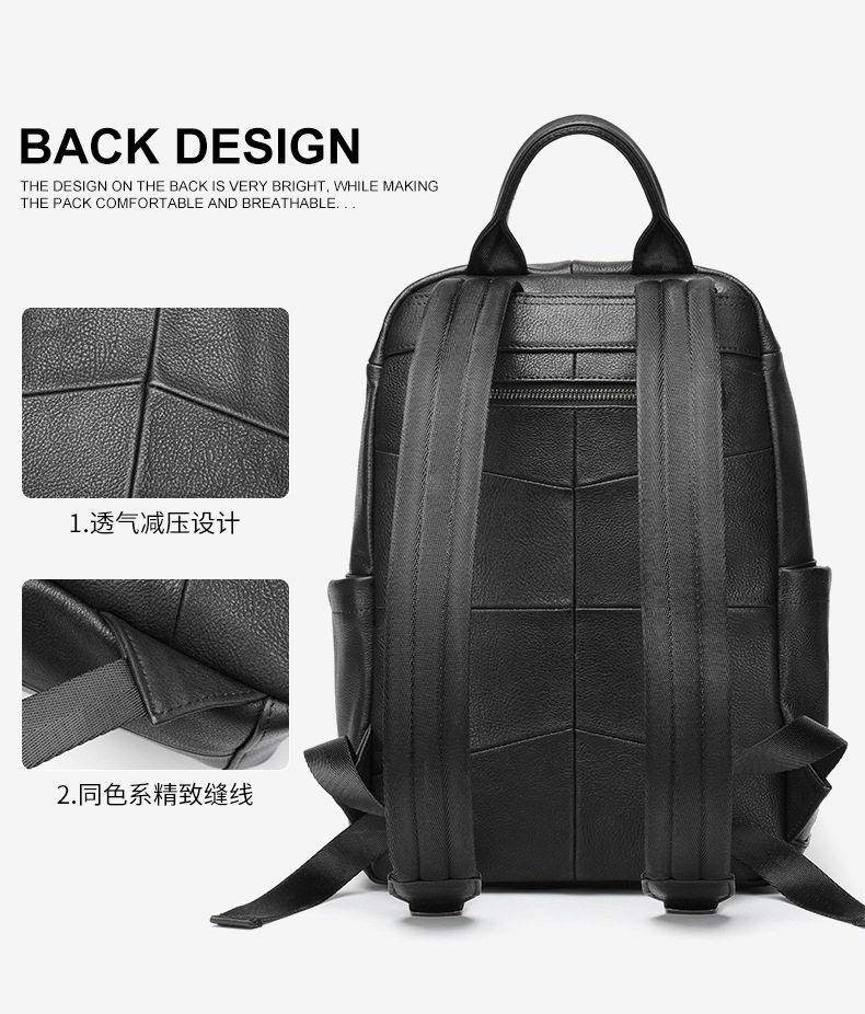 Ba lô da bò thật cho nam phong cách đường phố, đựng vừa laptop 14 inch, dung tích dưới 20L — Màu đen chi tiết 20