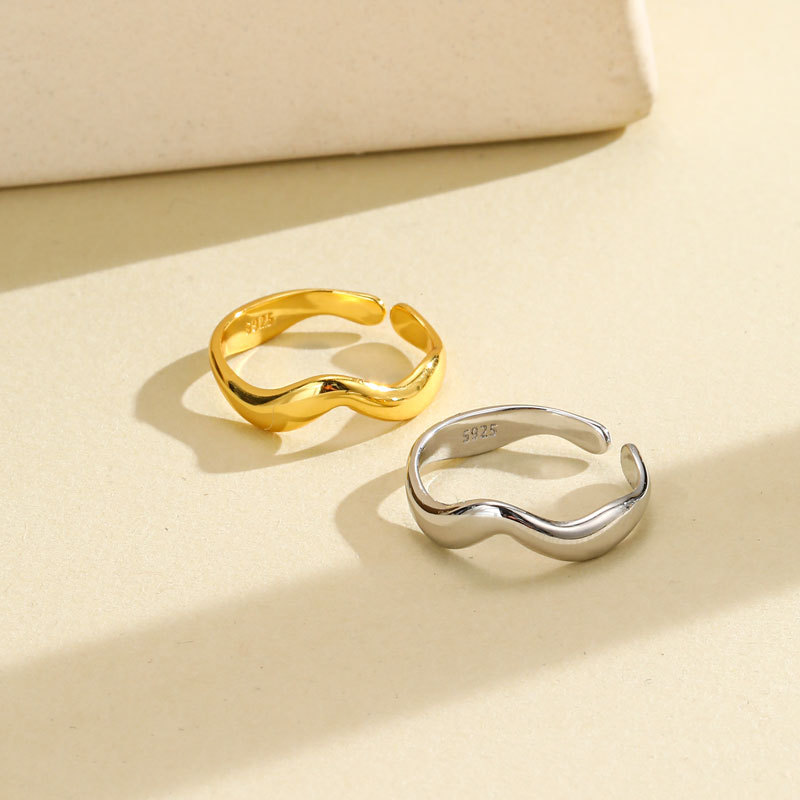 Anello a onda personalizzato in argento sterling 925, regolabile, aperto, stile donna, design in stile INS, alta gamma europea e