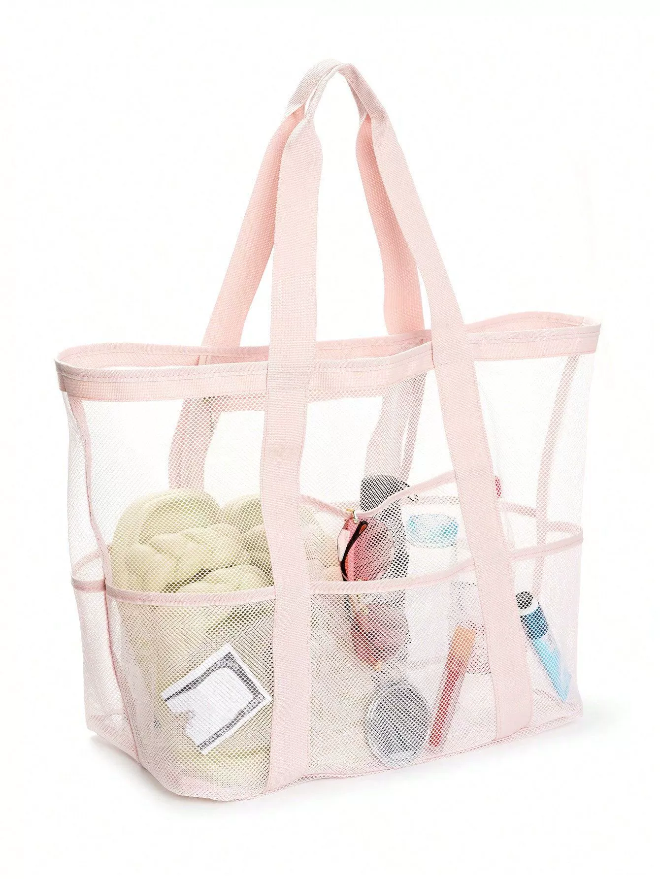 Beach Organizer Bag, capacious mesh tote, multi-pocket lightweight beach bag