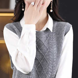 圆领针织马甲背心女开叉菱形宽松外穿针织色马夹无袖叠穿外搭打底