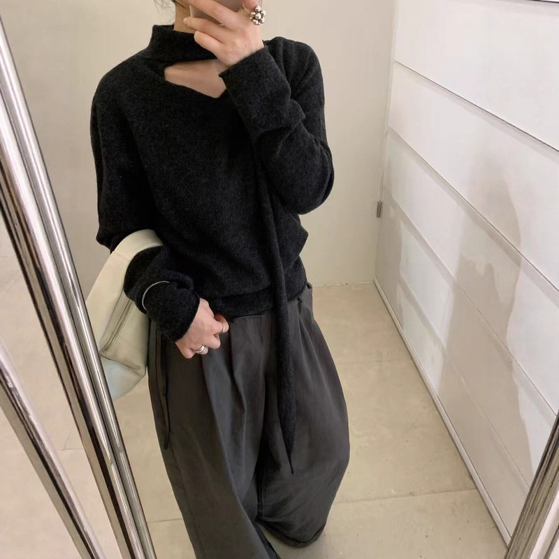 飘带设计感韩系全毛气质系带套头毛衣女2025秋季新款软糯针织上衣|undefined
