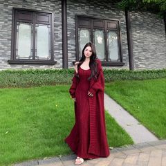 秋冬高级感长款针织吊带连衣裙两件套温柔慵懒风毛衣开衫松弛感厚