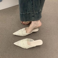透气蕾丝包头半拖鞋女夏外穿法式绝美凉拖3cm小猫跟尖头穆勒鞋子