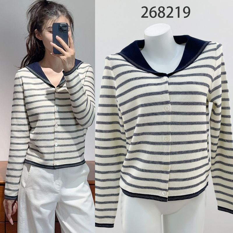 Xiaohejia 268219 Autumn New Simple Versatile Striped Contrast Color Cotton Cashmere Navy Collar Long Sleeve Knit Cardigan