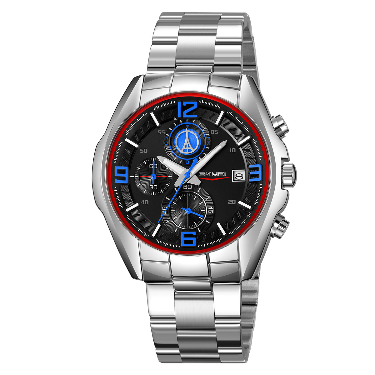 Momentos de relojes de hombre transfronterizos de acero correa de tres ojos seis agujas multifuncional relojes de cuarzo calendario de relojes de pulsera al por mayor