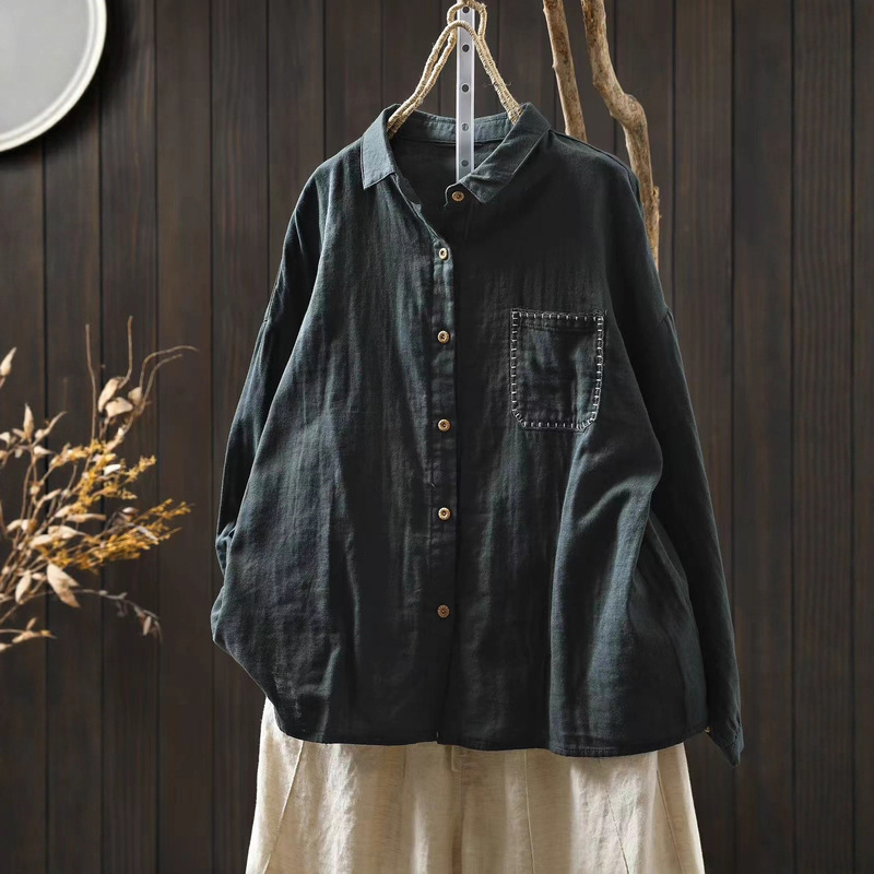 Autumn New Bojiafan Clothing Shirt Women's Double-Layer Cotton Yarn Flap Pocket Pants Literary Loose Casual Shirt 25609