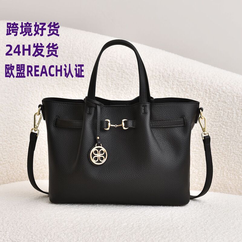 Cross-Border Handbag for Women, European and American Style, Single Shoulder and Hand-Held Dual-Use Bag, Black Commuter Tote Bag, Ready for Delivery