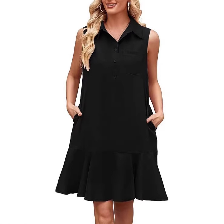 Women's Sleeveless Shirt Dress, Summer Straight Mini Dress, Casual V-Neck Buttoned Lapel Dress Women's Sleeveless Shirt Dress, Summer Straight Mini Dress, Casual V-Neck Buttoned Lapel Dress