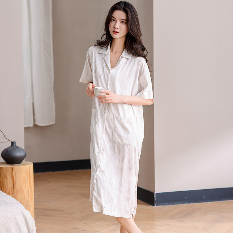 엠보싱 얼음과 눈 실크 반팔 라펠 잠옷 여성 여름 반팔 스타일 하이 엔드 실크 홈웨어 라이브 방송 핫 스타일